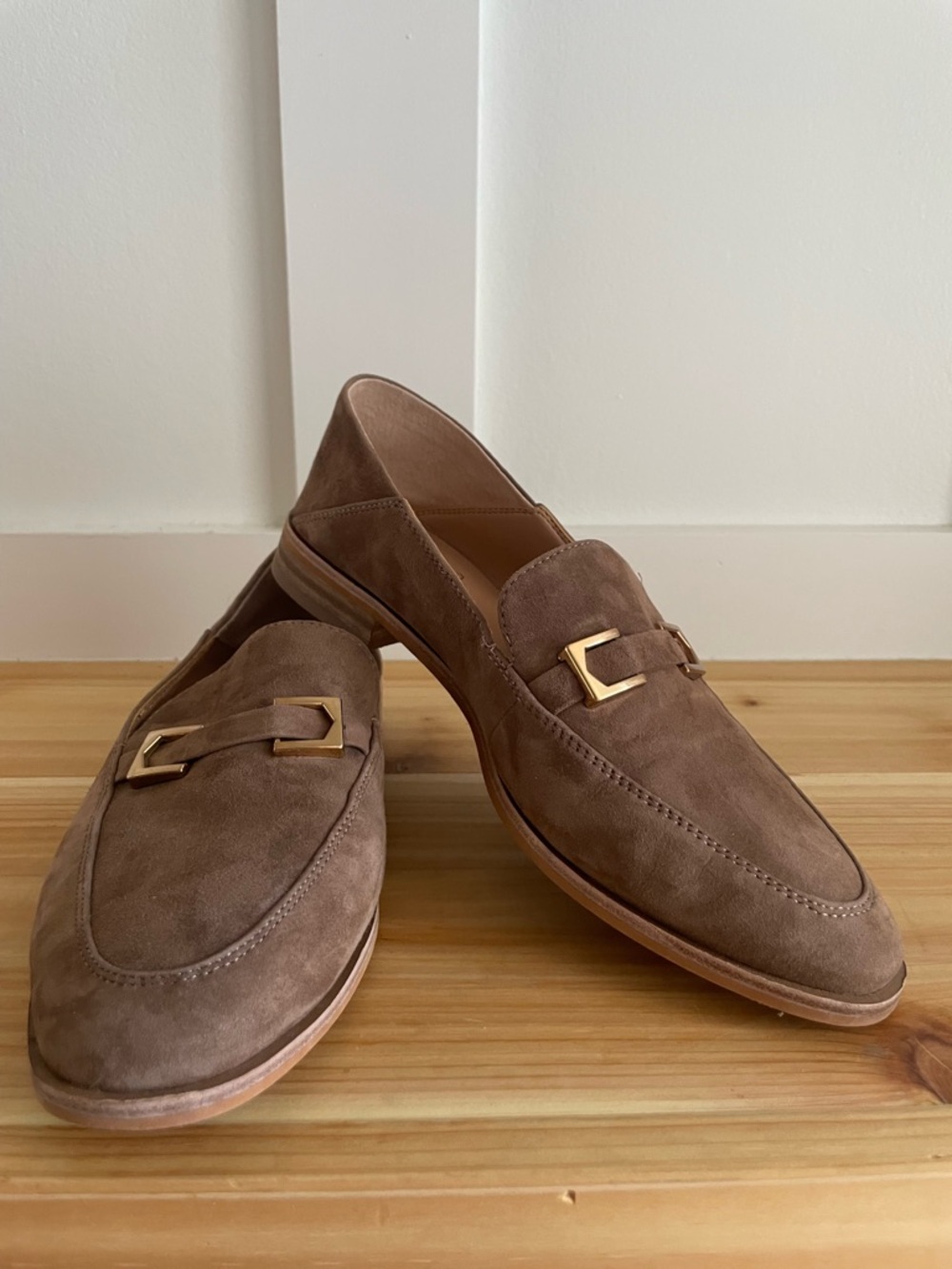 Vince Camuto Taupe Suede Loafers with Gold Buckle